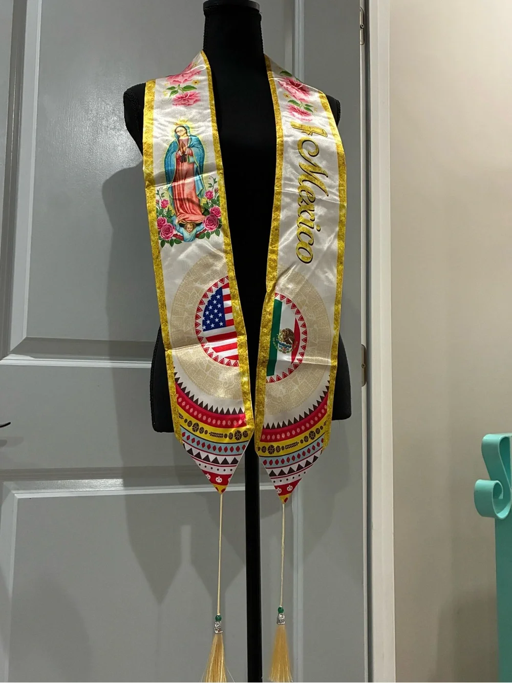 White and Gold Mexico and USA Sash with Religious